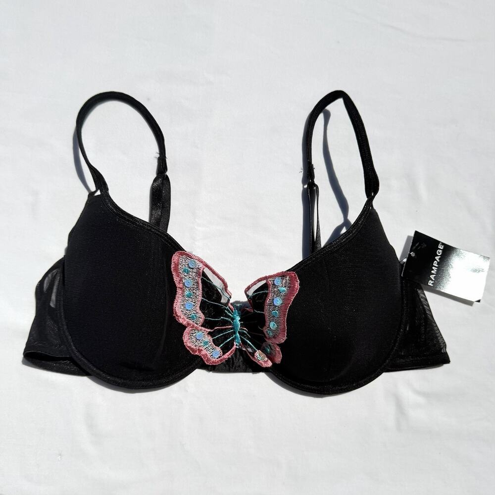 Y2K Rampage Black Butterfly Embroidered Underwire Bra 38C